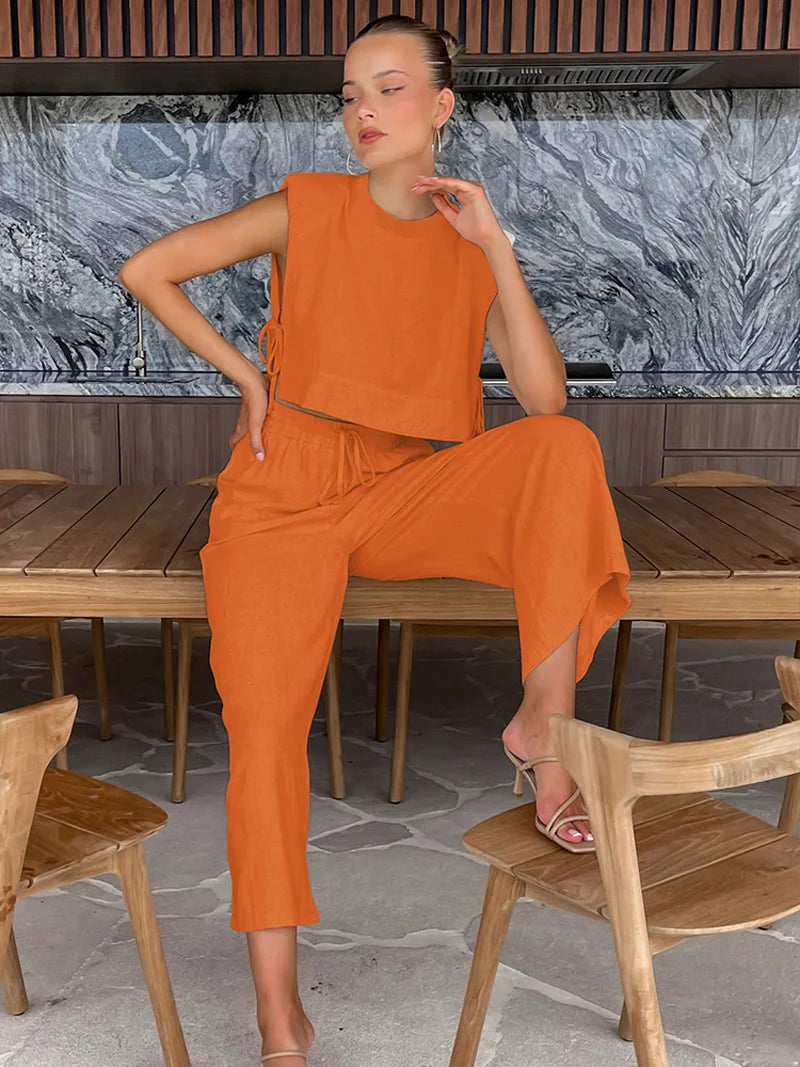 Women's Linen Crop Top and Pant Set