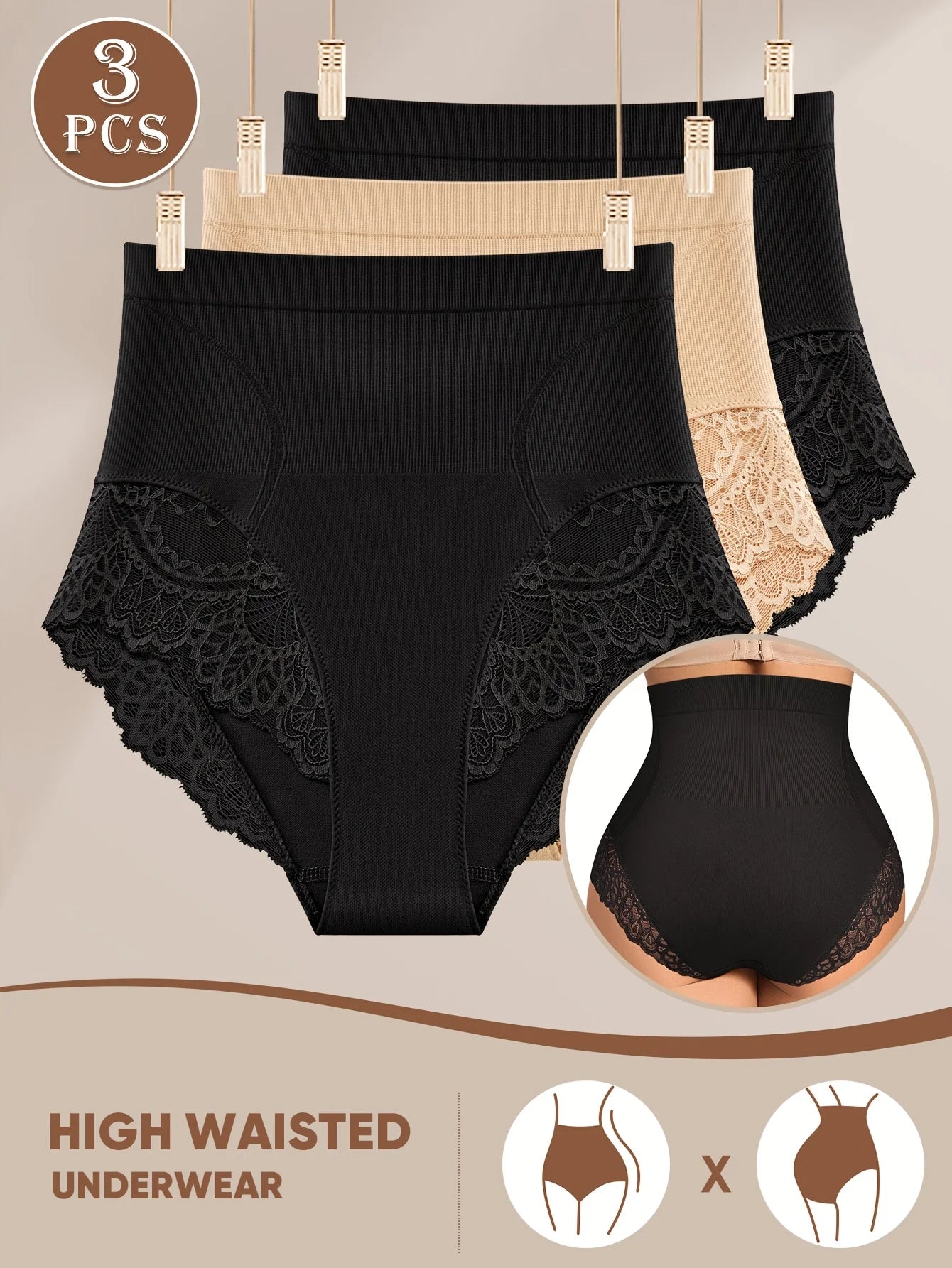 3-Piece Women's High-Waisted Tummy Control Seamless Shapewear with Lace Trim