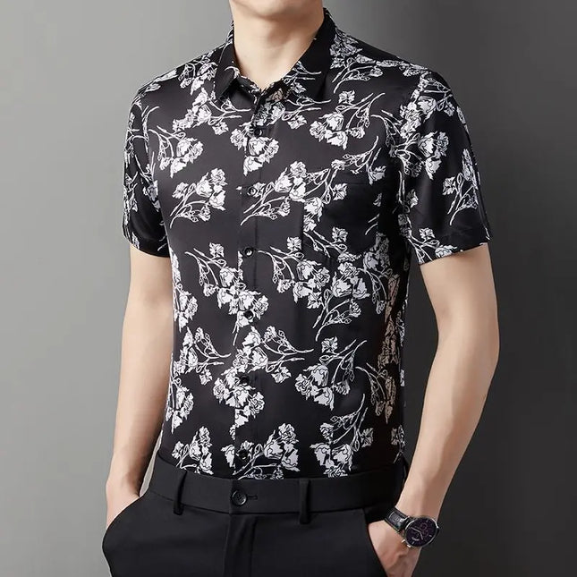 Men's Slim Fit Short Sleeve Floral Print Casual Button-Down Shirt