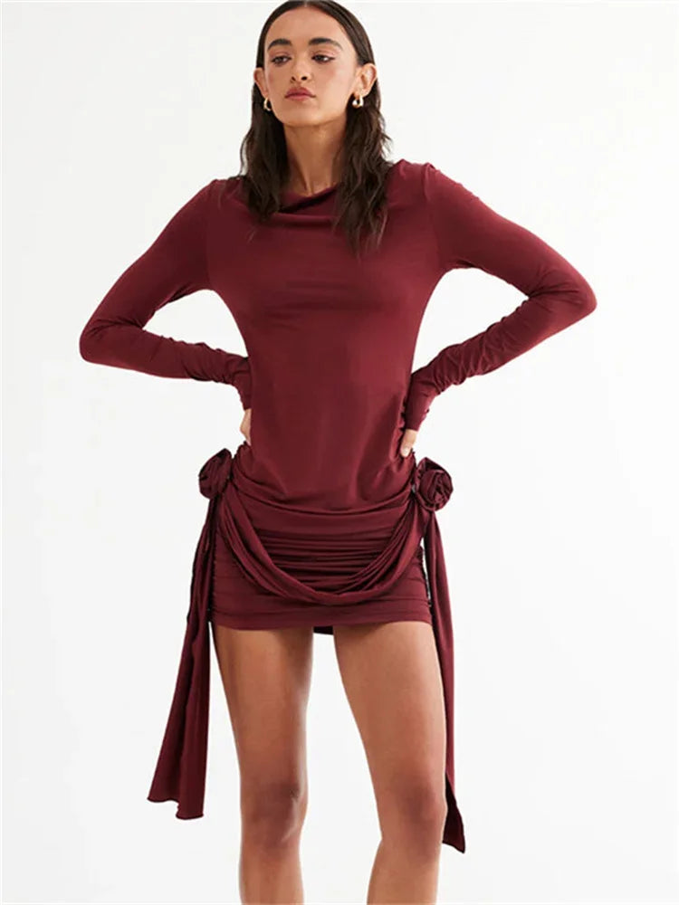 Women's Floral Pleated Long Sleeve Mini Dress with Bandage Slim Fit