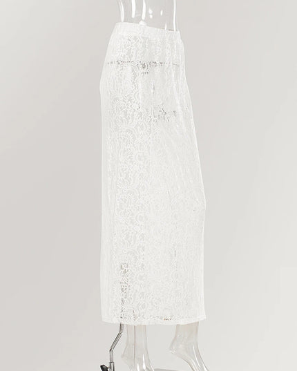 Elegant Jacquard Lace Sheer Maxi Skirt for Women with Elastic Waist and Transparent Design