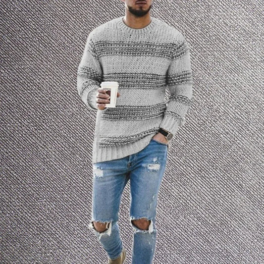 Men's Slim Fit Striped Knitted Sweater - Long Sleeve Round Neck Style