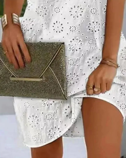 V-Neck Eyelet Embroidered Mini Dress with Tied Details for Women