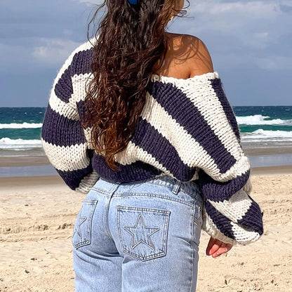 Oversized Women's Striped Chunky Knit Sweater with Drop Shoulders