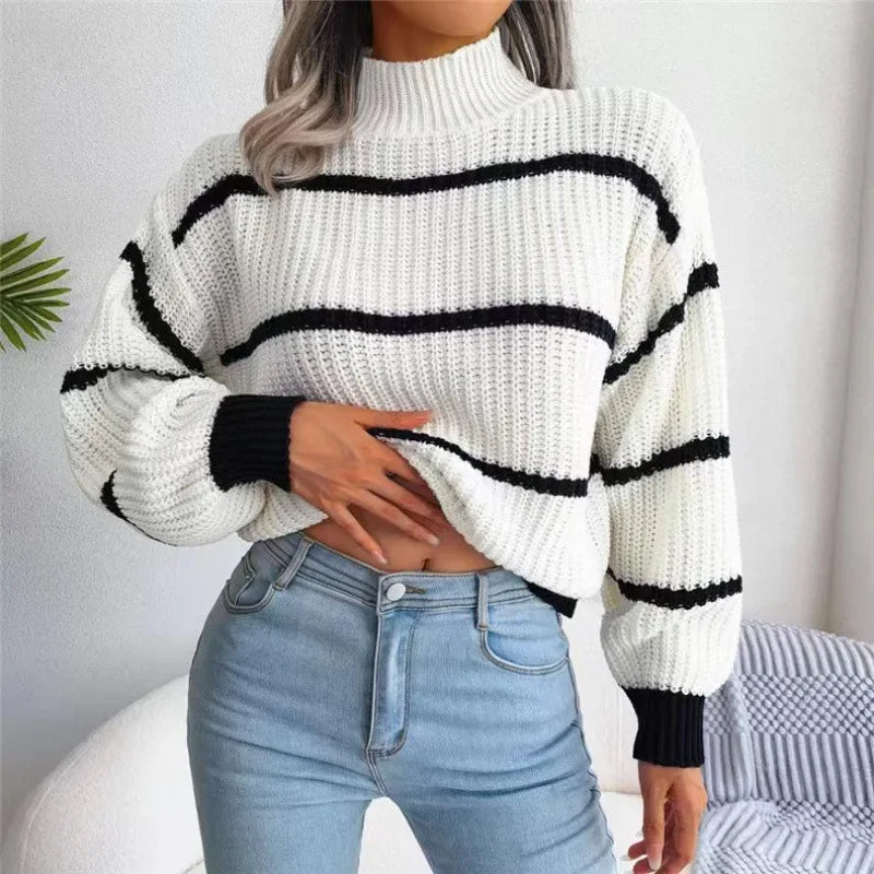 Women's Striped Sweater with Half High Collar