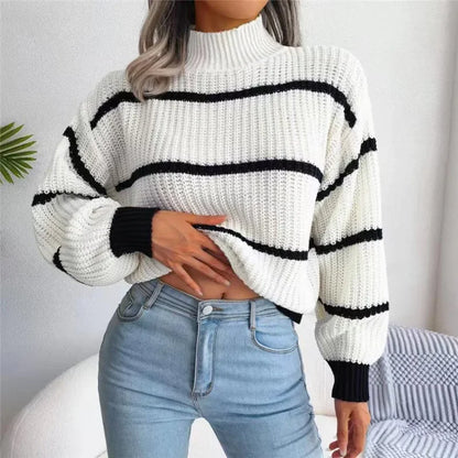Women's Striped Sweater with Half High Collar