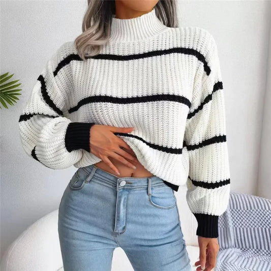 Women's Striped Sweater with Half High Collar