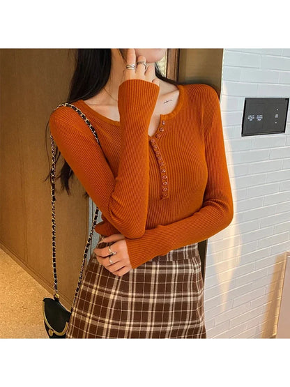 Women's Slim Fit Long Sleeve Knitted Sweater with Elastic Fit