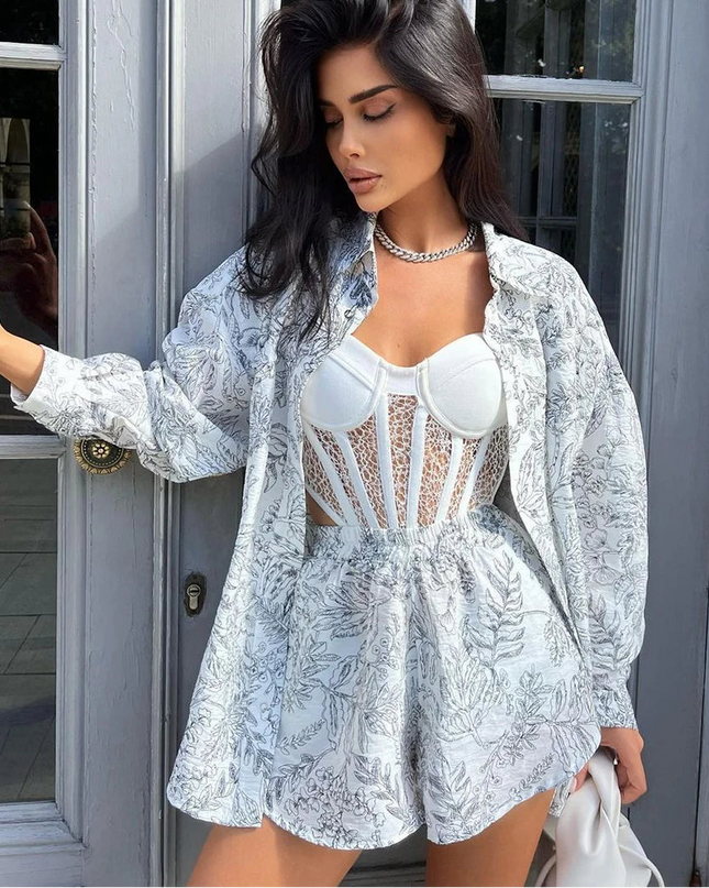 Clacive Women's Elegant 2-Piece Set: Loose Long Sleeve Shirt with High-Waist Shorts