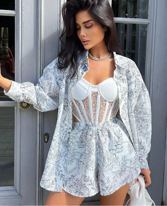 Clacive Women's Elegant 2-Piece Set: Loose Long Sleeve Shirt with High-Waist Shorts