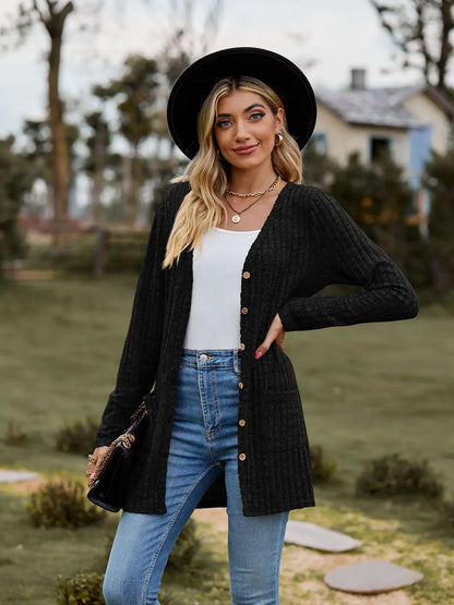 Women's Milled Pit Stripe Button-Front Long Sleeve Cardigan