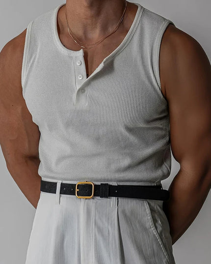 Henley Neck Buttoned Men’s Slim Fit Stretch Ribbed Tank Top