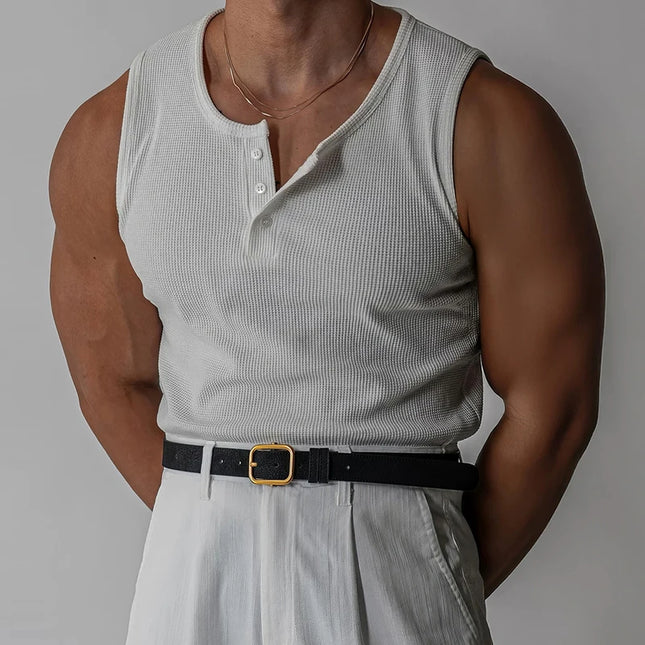 Henley Neck Buttoned Men’s Slim Fit Stretch Ribbed Tank Top