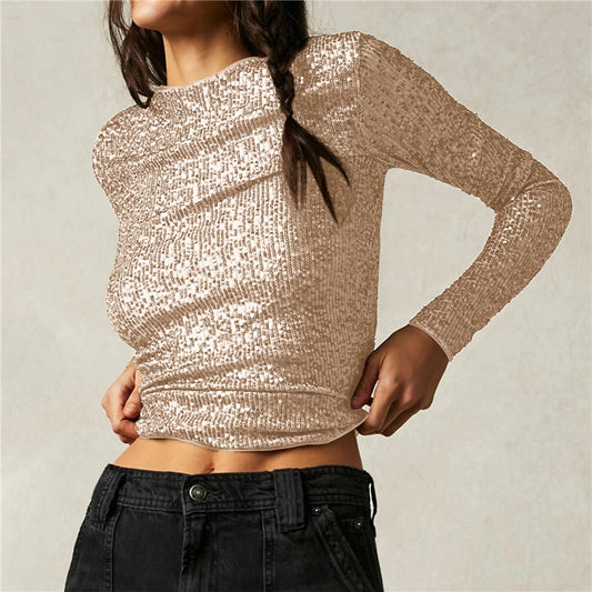 Sequin Long Sleeve Crop Top for Women with Round Neck and Glitter Finish