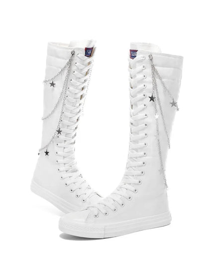Women’s Knee-High Punk Knight Boots with Flat Sole - Metal Chain Detail - Cross-Tied Design