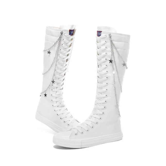Women’s Knee-High Punk Knight Boots with Flat Sole - Metal Chain Detail - Cross-Tied Design