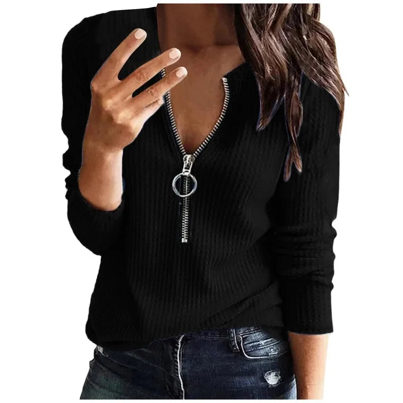  Women's Long Loose Fit Sweater with Zipper Collar