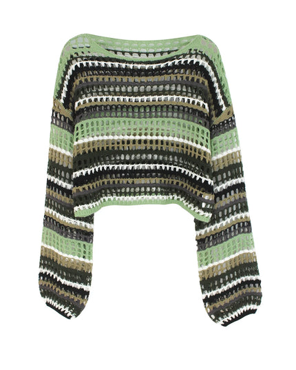 Hollow Long Sleeve Sweater for Women - Stylish Horizontal Striped Knit Top