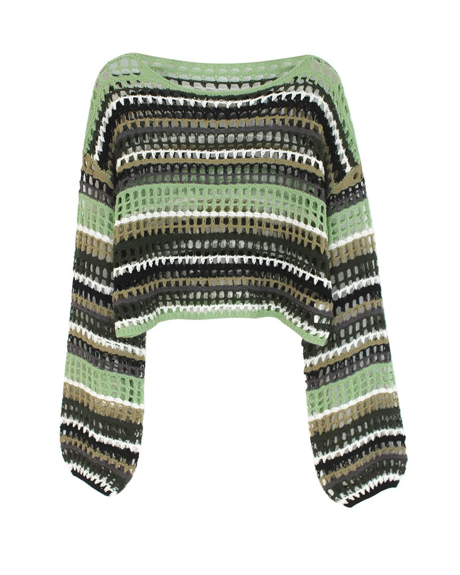 Hollow Long Sleeve Sweater for Women - Stylish Horizontal Striped Knit Top