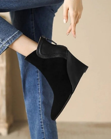 Women's Faux Leather Wedge Heels - Pointed Toe Suede Shoes with Zipper,