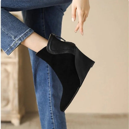 Women's Faux Leather Wedge Heels - Pointed Toe Suede Shoes with Zipper,
