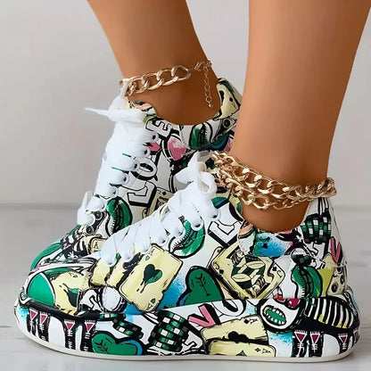Women's Thick-Soled Sneakers with Graffiti Style