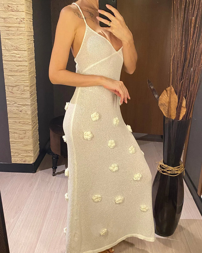 Women's Elegant 3D Flower Knitted Maxi Dress with Lace-Up Design