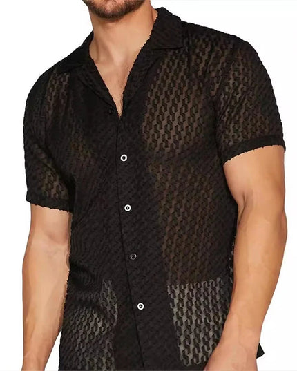 Men's Short Sleeve Mesh Lace Hollow Out Shirt
