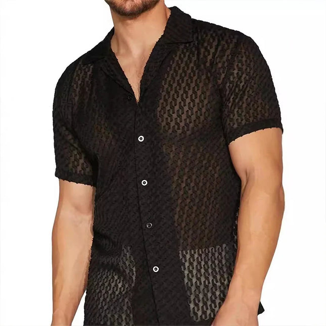 Men's Short Sleeve Mesh Lace Hollow Out Shirt