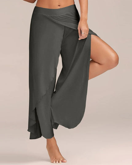 Women's Slit Flared Palazzo Trousers - Wide Leg Chiffon Pants with Side Split