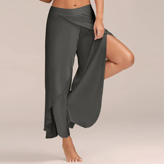 Women's Slit Flared Palazzo Trousers - Wide Leg Chiffon Pants with Side Split