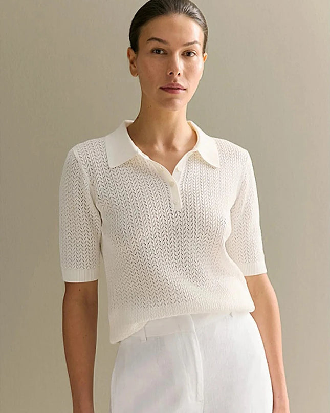 Hollow Knit Short Sleeve Polo T-Shirt for Women