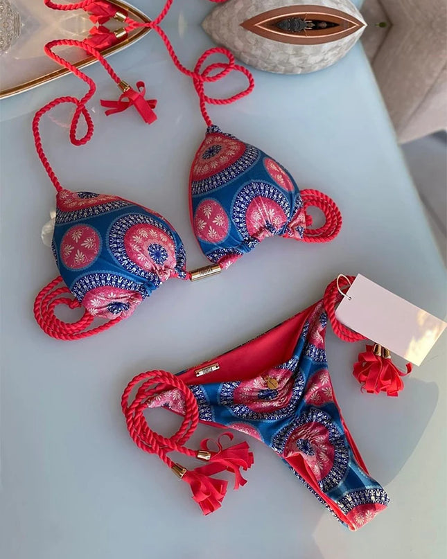 Leopard Print Braided Rope Push-Up Bikini Set for Women - Various Designs
