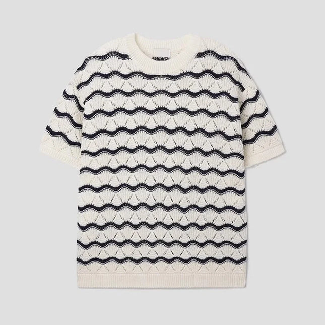 Men's Knit Jacquard Striped Hollow-Out Casual T-Shirt