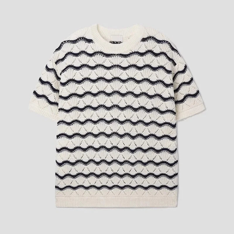 Men's Knit Jacquard Striped Hollow-Out Casual T-Shirt