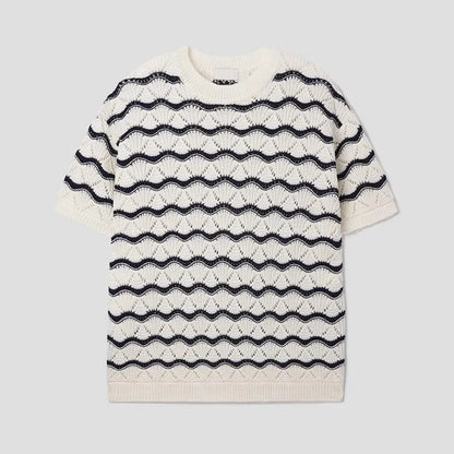 Men's Knit Jacquard Striped Hollow-Out Casual T-Shirt