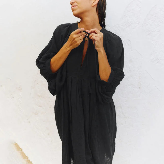Boho Style Loose Lantern Sleeve Short Dress for Women - Vintage Oversized Bohemian Dress