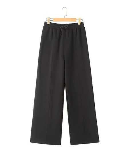 TRAFZA Women's 2-Piece Retro Zipper Jacket & High-Waisted Lace-Up Loose Pants Set