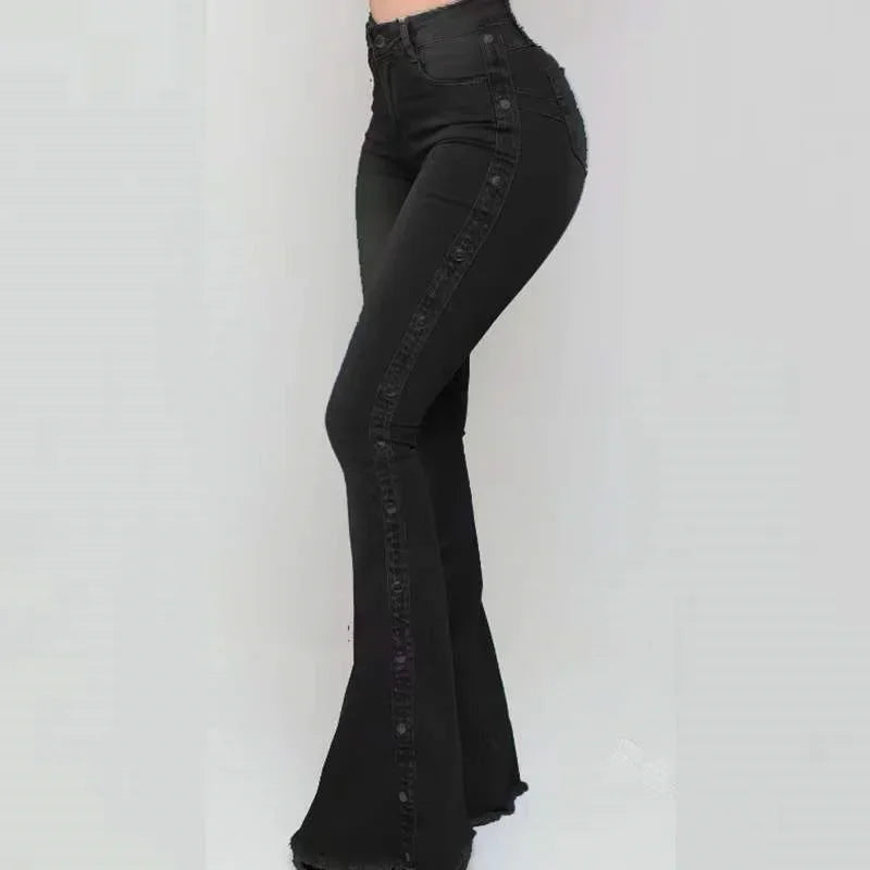 Women's High Waist Flared Jeans with Side Studded Buckle Decoration