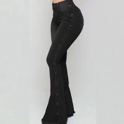 Women's High Waist Flared Jeans with Side Studded Buckle Decoration