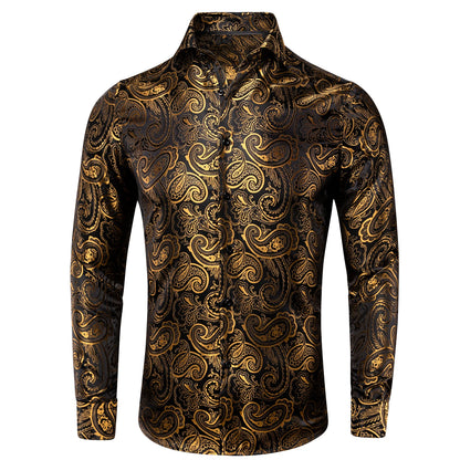Luxury Gold Men's Silk Jacquard Lapel Shirt