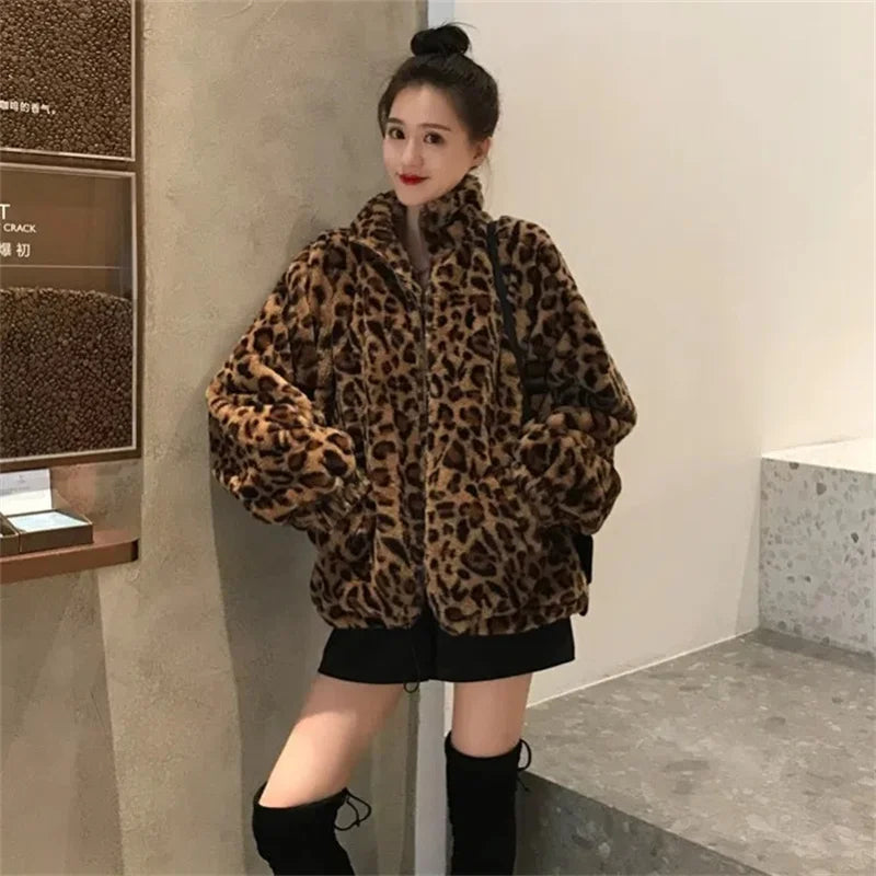 Women's Leopard Print Faux Mink Velvet Jacket - Imitation Mink Fur Coat for Women
