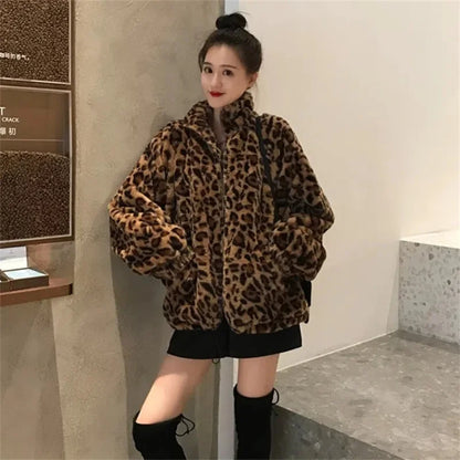 Women's Leopard Print Faux Mink Velvet Jacket - Imitation Mink Fur Coat for Women