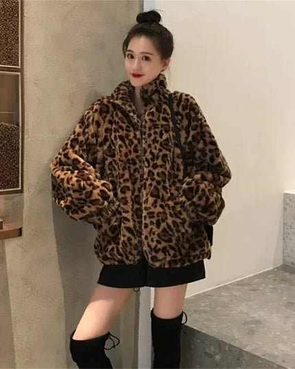 Women's Leopard Print Faux Mink Velvet Jacket - Imitation Mink Fur Coat for Women