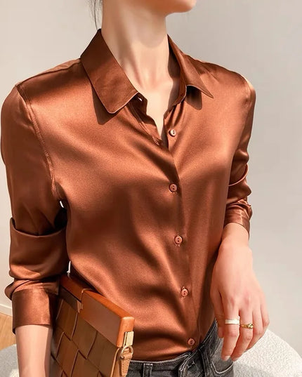 Elegant Satin Women's Blouse with Long Sleeves and Turn-down Collar