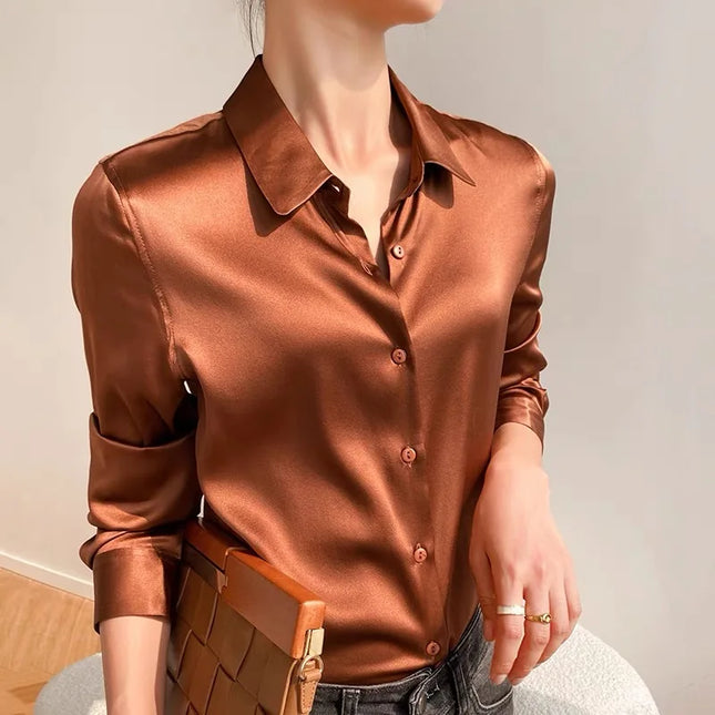 Elegant Satin Women's Blouse with Long Sleeves and Turn-down Collar