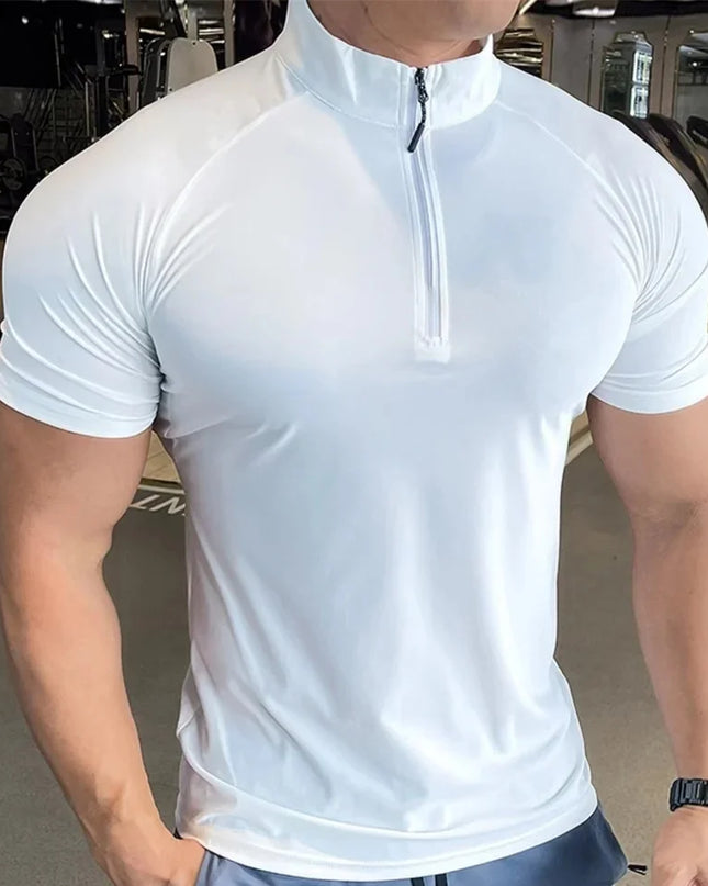 Men's Quick-Dry Elastic T-Shirt with Zippered Round Neck