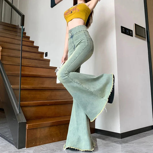 Women's Vintage High Waist Flare Jeans - Slim Fit Wide Leg Denim Pants