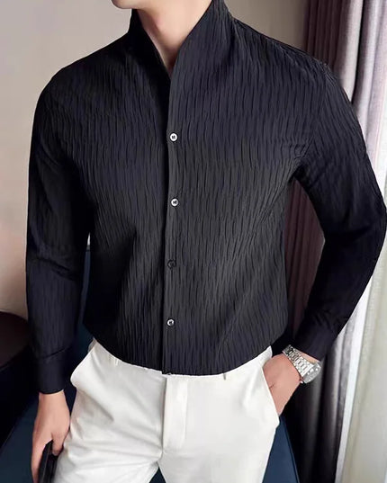 Men’s Slim-Fit Long-Sleeve Shirt with Stand Collar, Textured Fabric, and Embroidery