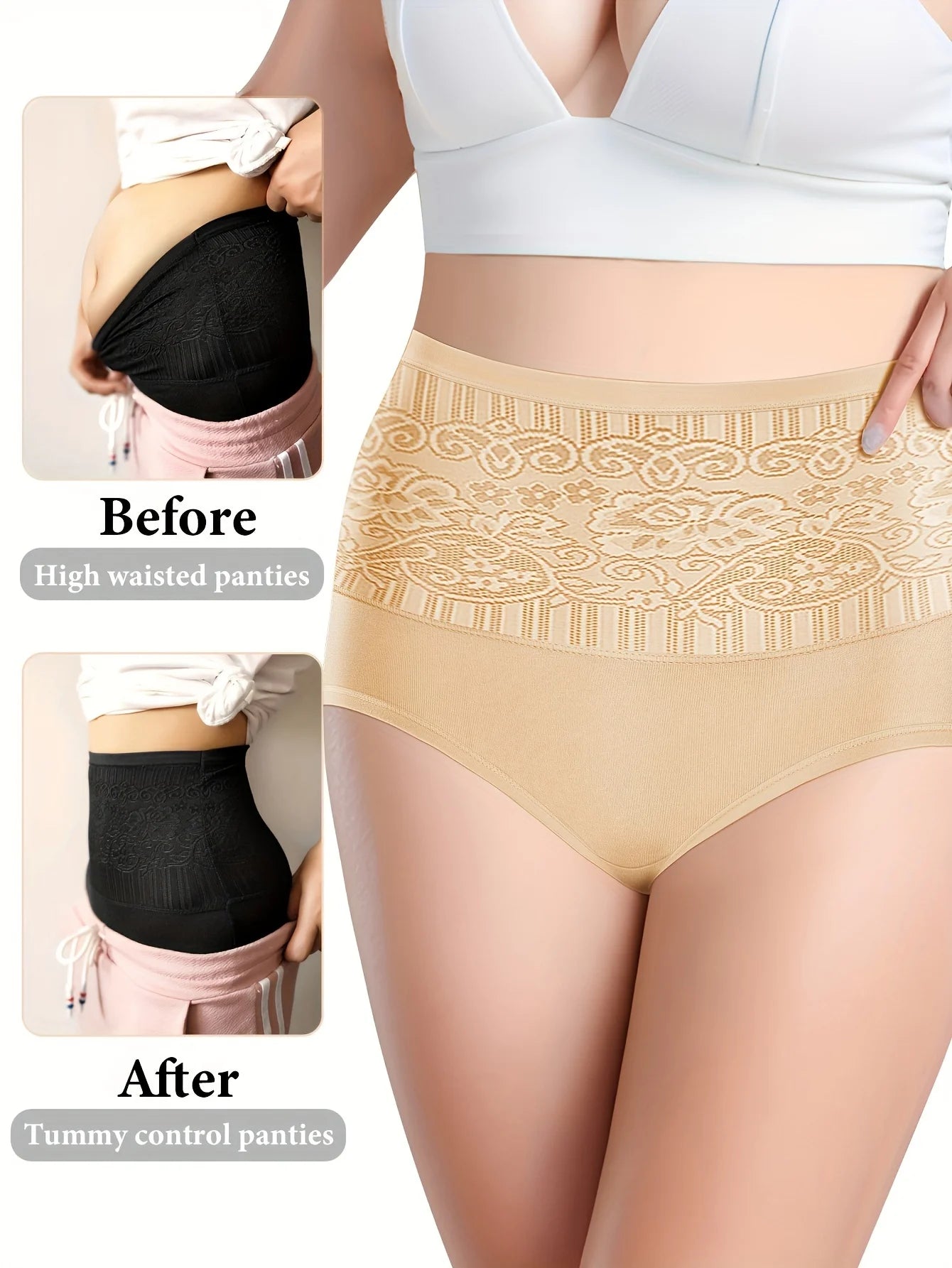 Set of 4 Plus Size Elegant Women's Panties with Floral Pattern - High Waist Tummy Control